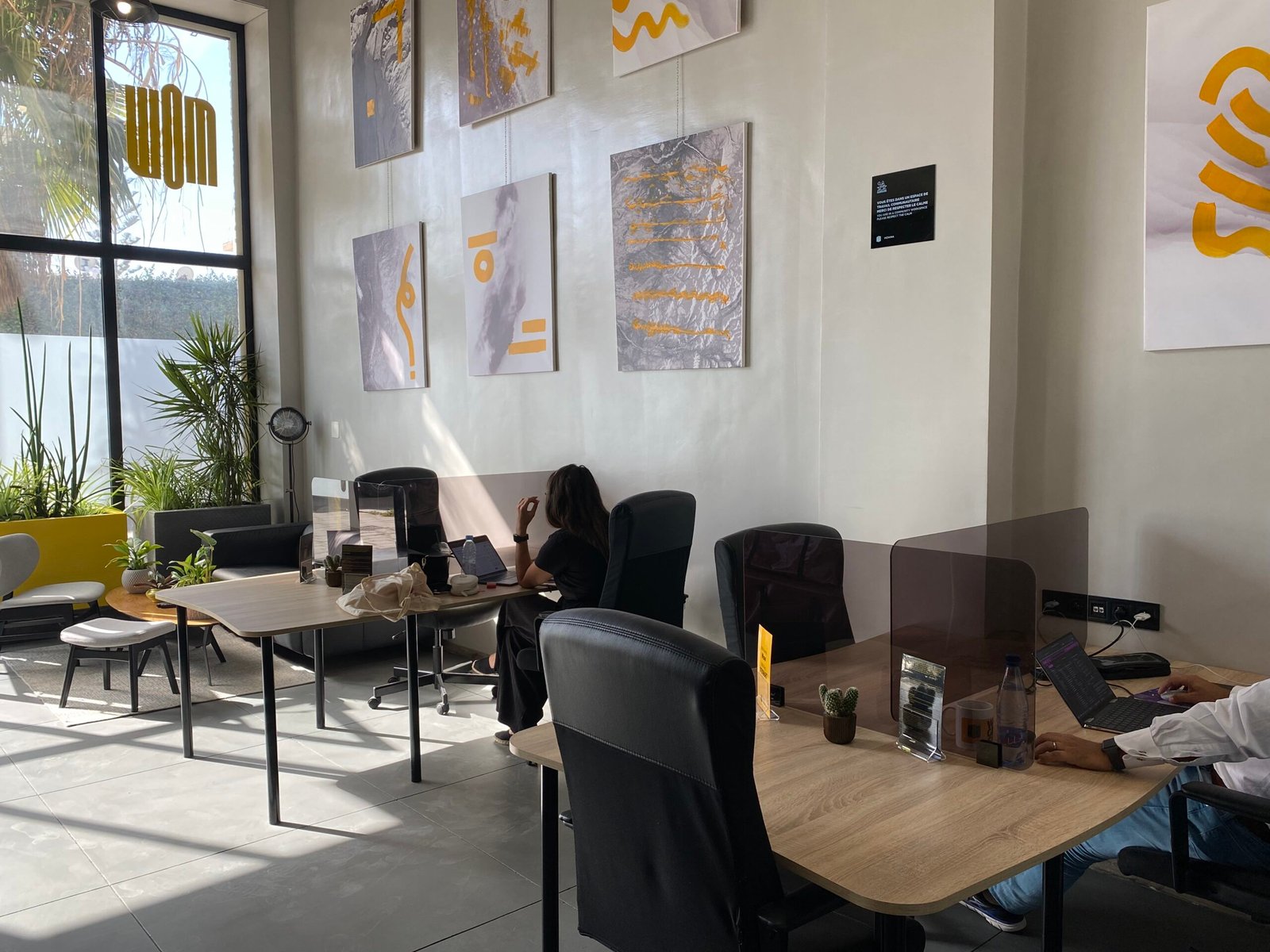 Employés de Mow travaillant silencieusement sur des ordinateurs portables dans un bureau spacieux et bien éclairé, décoré avec des œuvres d'art contemporain